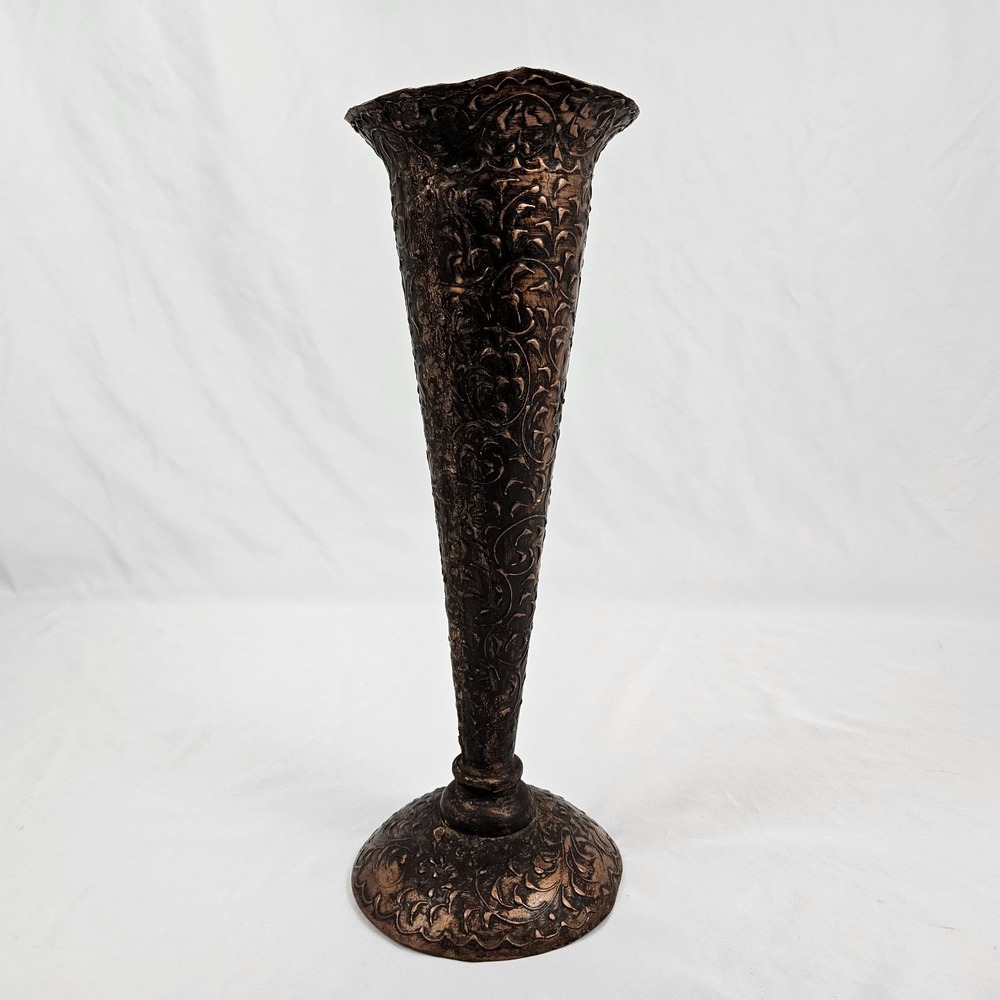 Embossed Copper Trumpet Pedestal Vase Arts & Crafts Boho Whimsical